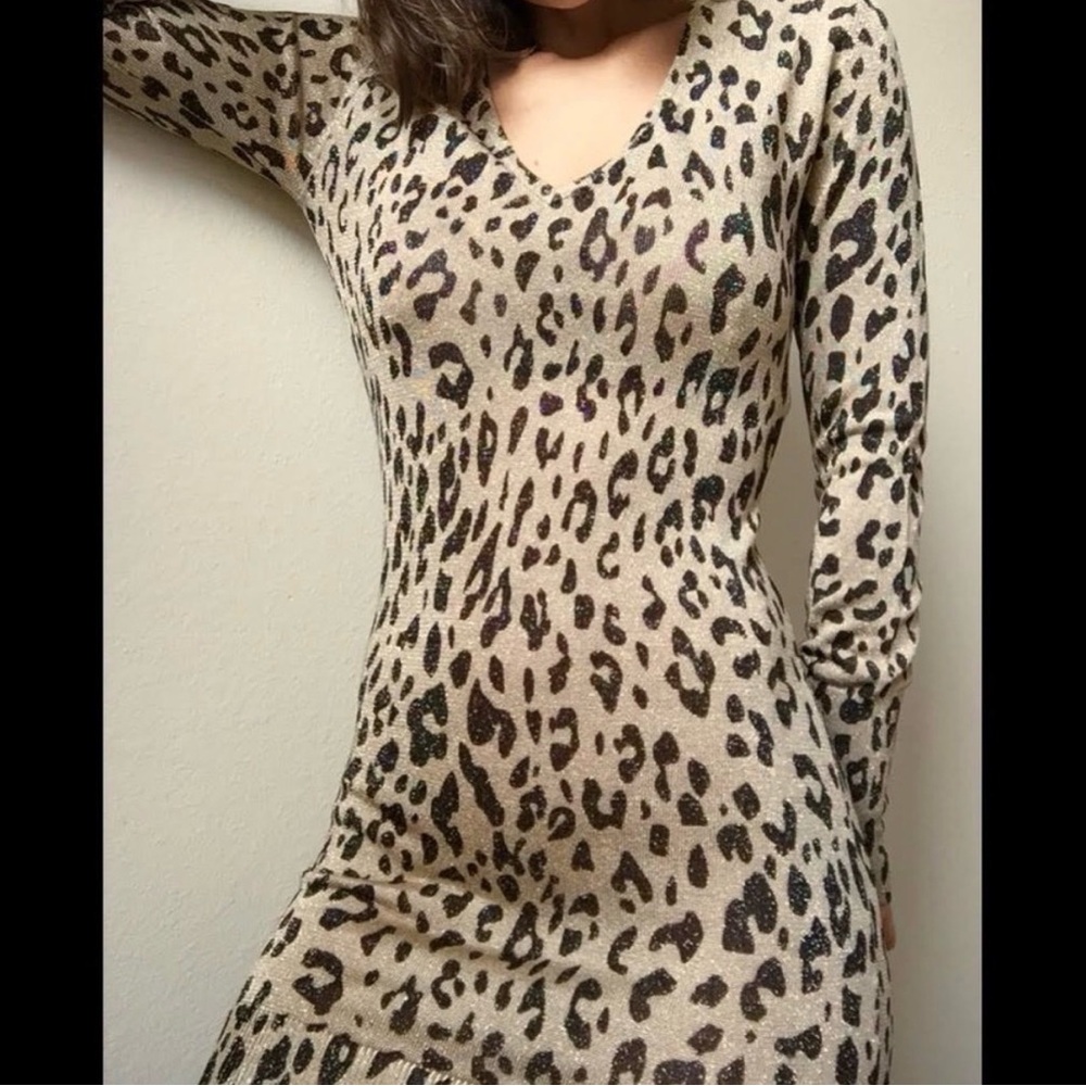 Zara Gold Knit Leopard Print Sweater Dress Size M